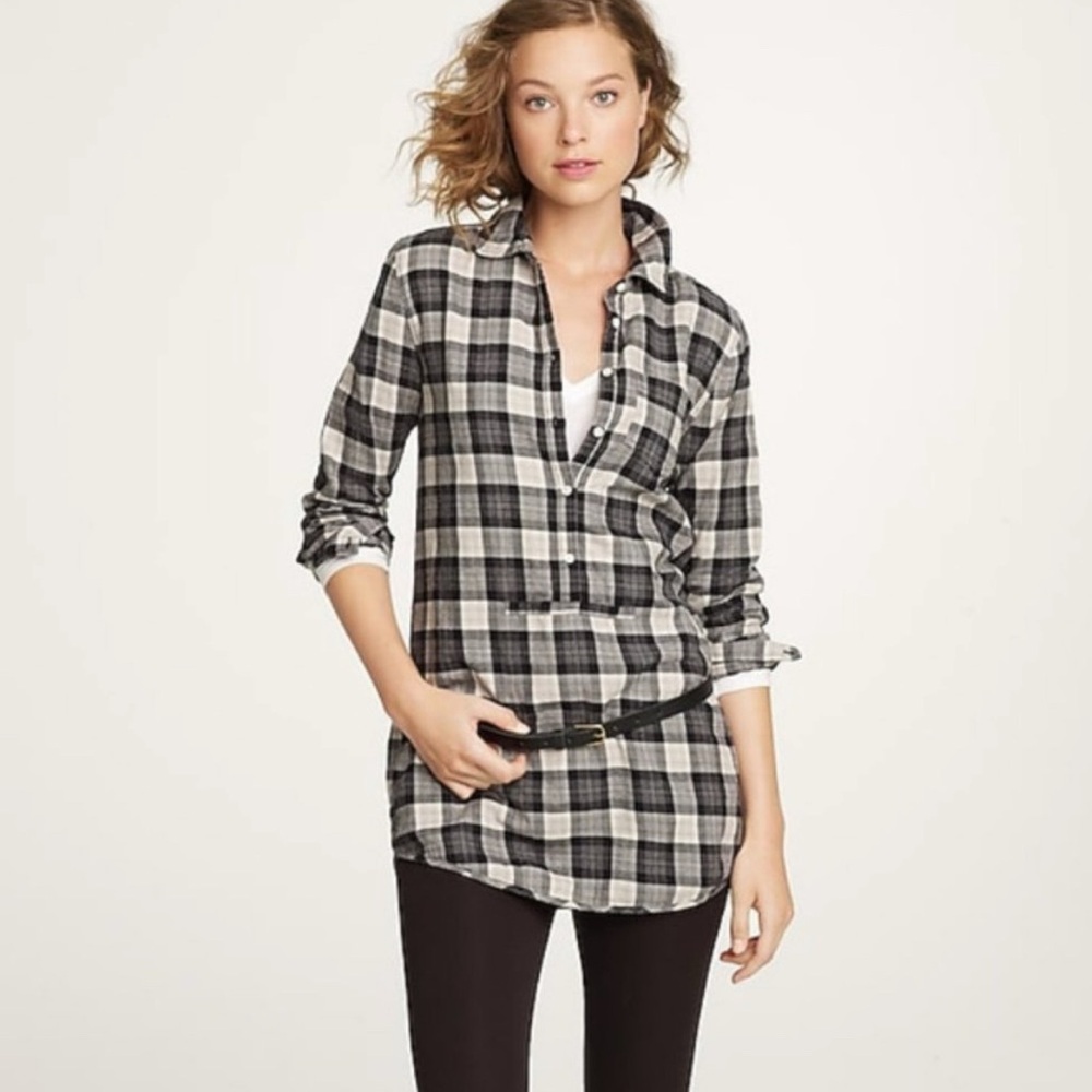 J Crew Women Medium Bayou Tunic Flannel Black Grey White Plaid Button Down Fall